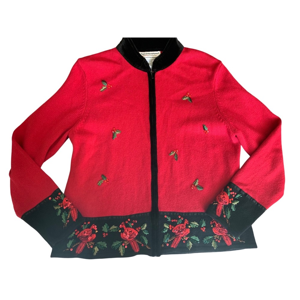 Tiara International Christmas‎ Collection Cardigan Red Cardinal Birds L vintage